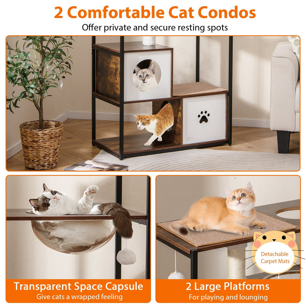 52 Inch Tall Wooden Cat Tree Metal Frame with 2 Condos and Cushions-Coffee