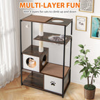52 Inch Tall Wooden Cat Tree Metal Frame with 2 Condos and Cushions-Coffee
