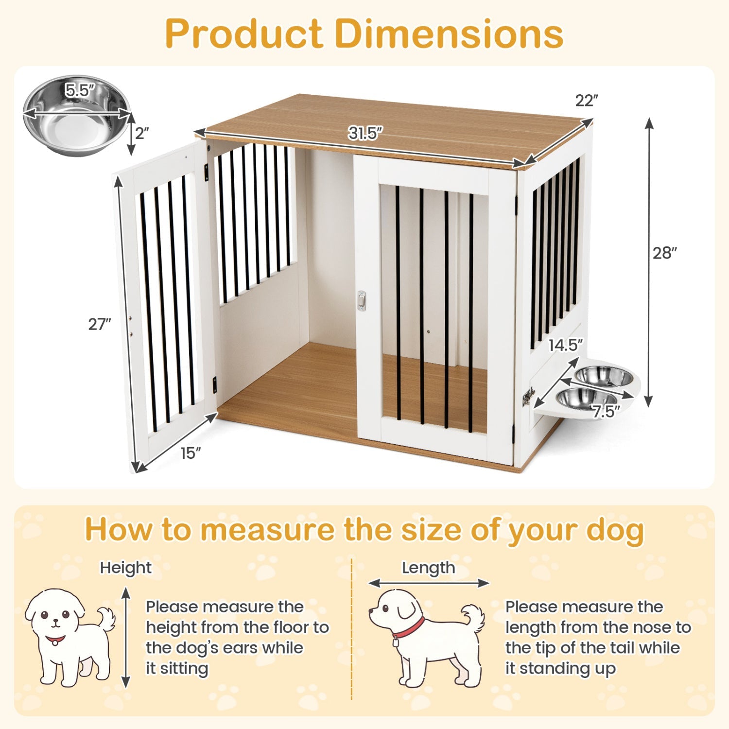 31.5” Dog Crate Furniture Wooden Dog Kennel with Double Lock Doors