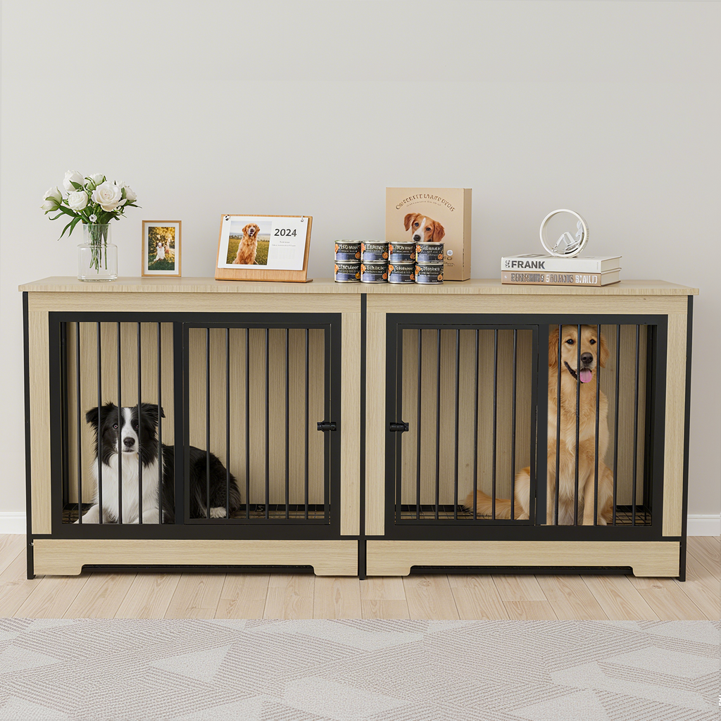 Wooden Dog Crate Furniture with Two Combined Rooms for Medium to Large Dogs