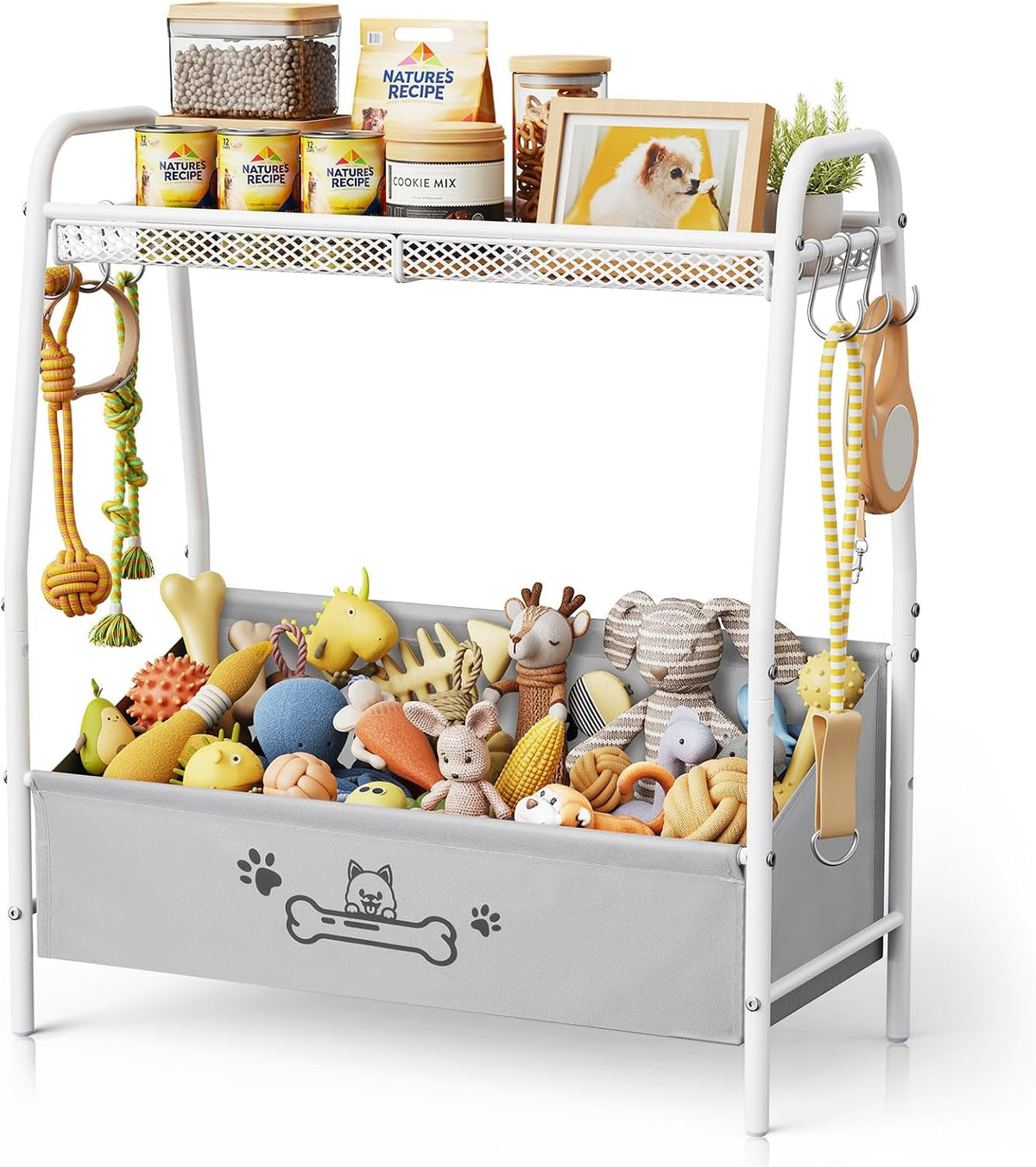 Dog Toy Storage Organizer with Shelf & 6 Hooks