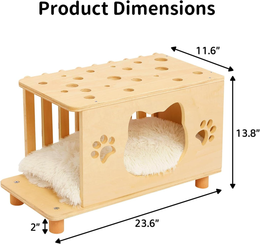 4-in-1 Wooden Cat Cave Bed & Side Table with Washable Cushion