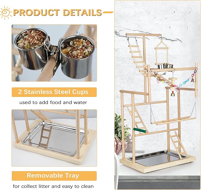 Pet Parrot Playstand Parrots Bird Playground Bird Play Stand Wood Perch Gym Playpen Ladder with Feeder Cups Bells for Cockatiel Parakeet (4 Layers)