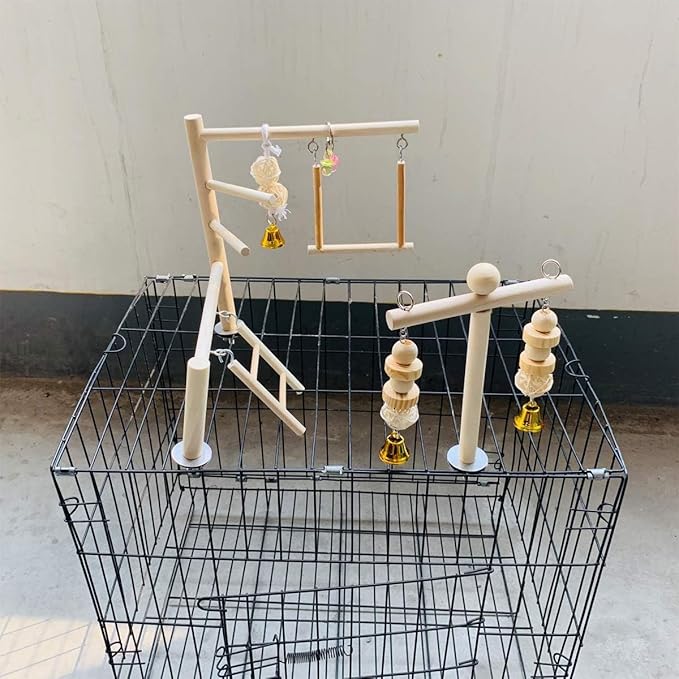 Hamiledyi Small Bird Playground Natural Wood for Top of Cage Bird Play Stand Bird Stands for Parrots Bird Perch Stand Bird Play Gym Bird Toys for Small Bird Parrot Cockatiel Love Birds Budgie