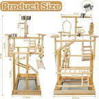 Bird Playground - Natural Wood Parrot Playstand with Perches, Bird Play Gym & Accessories, Removable Tray & 4 Stainless Steel Cups