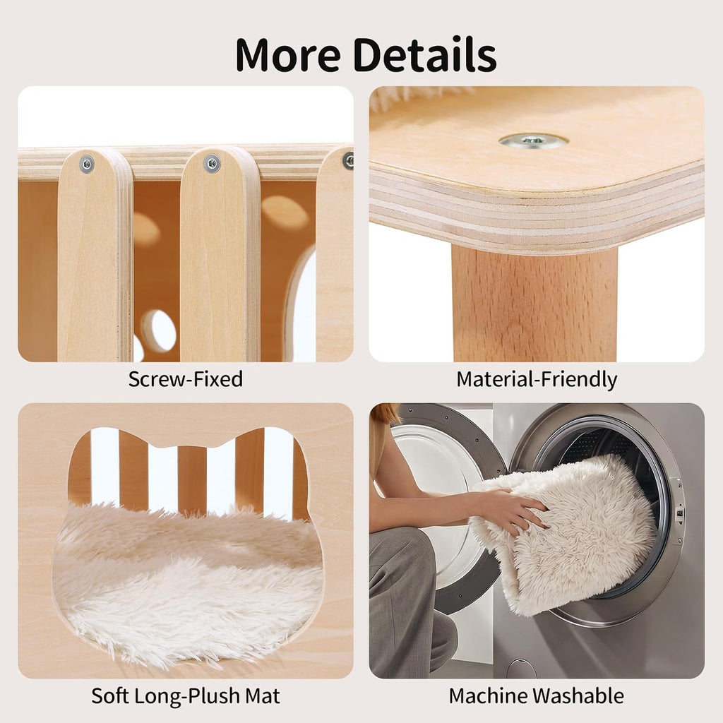 4-in-1 Wooden Cat Cave Bed & Side Table with Washable Cushion