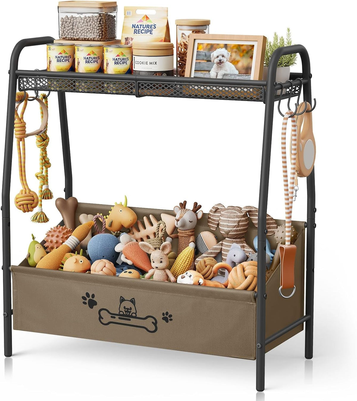 Dog Toy Storage Organizer with Shelf & 6 Hooks