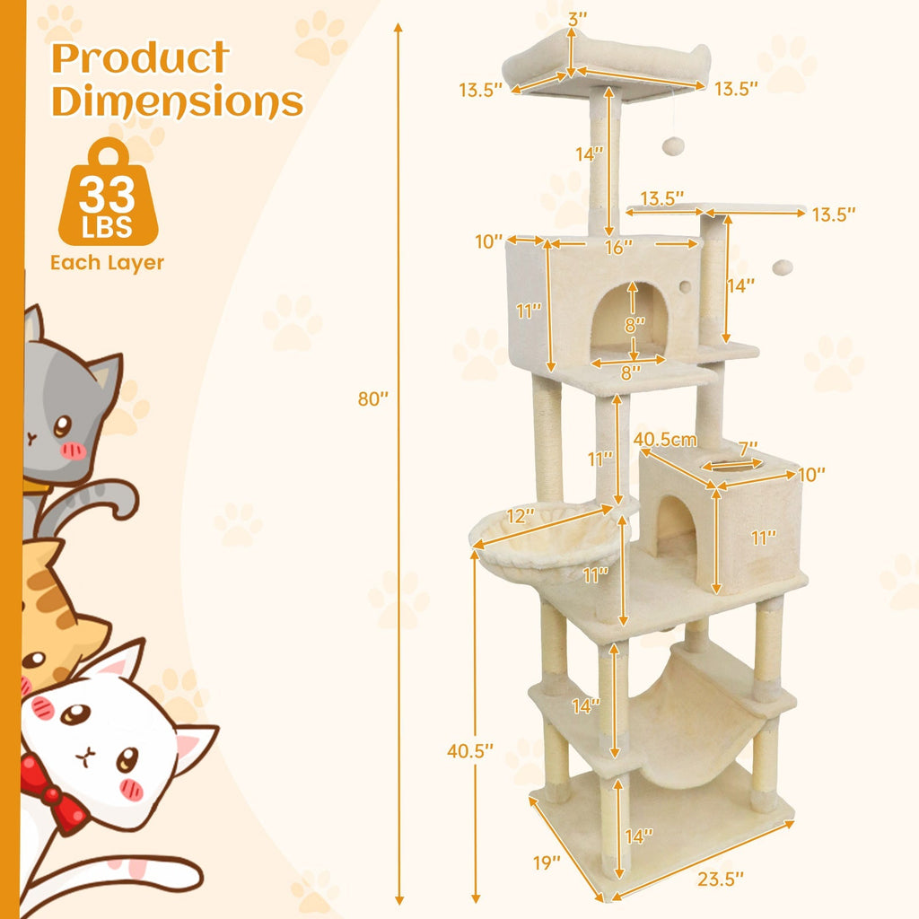 80 Inches Tall Cat Tree with 2 Large Condos and Dangling Toys