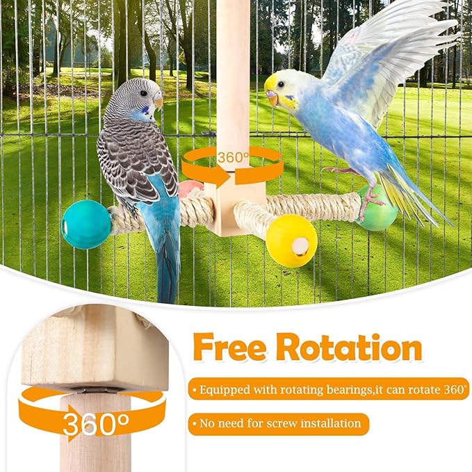 Rotating Bird Perches Toy, Interactive Spinning Parrot Parakeet Toys, Wooden Exercise Stand Bird Cage Accessories for Budgies,Cockatiels,Small Birds