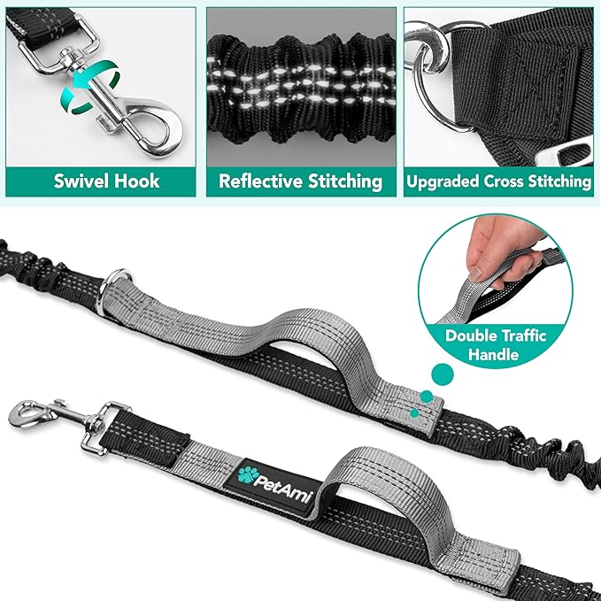 PetAmi Premium Hands Free Dog Leash for 2 Dogs, Adjustable Waist Belt Leash for Dog Walking, Fanny Pack Accessories Bag Dual Bungee Leash for Running, Hiking, Jogging, Biking, Charcoal Grey