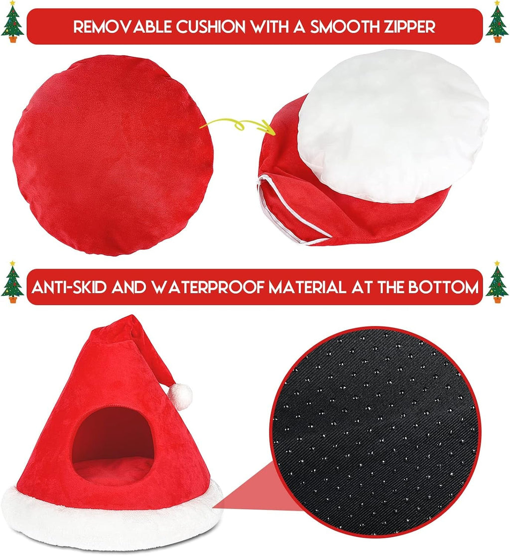 Christmas Cat Cave Bed – 2-in-1 Tree Tent, 16.9"