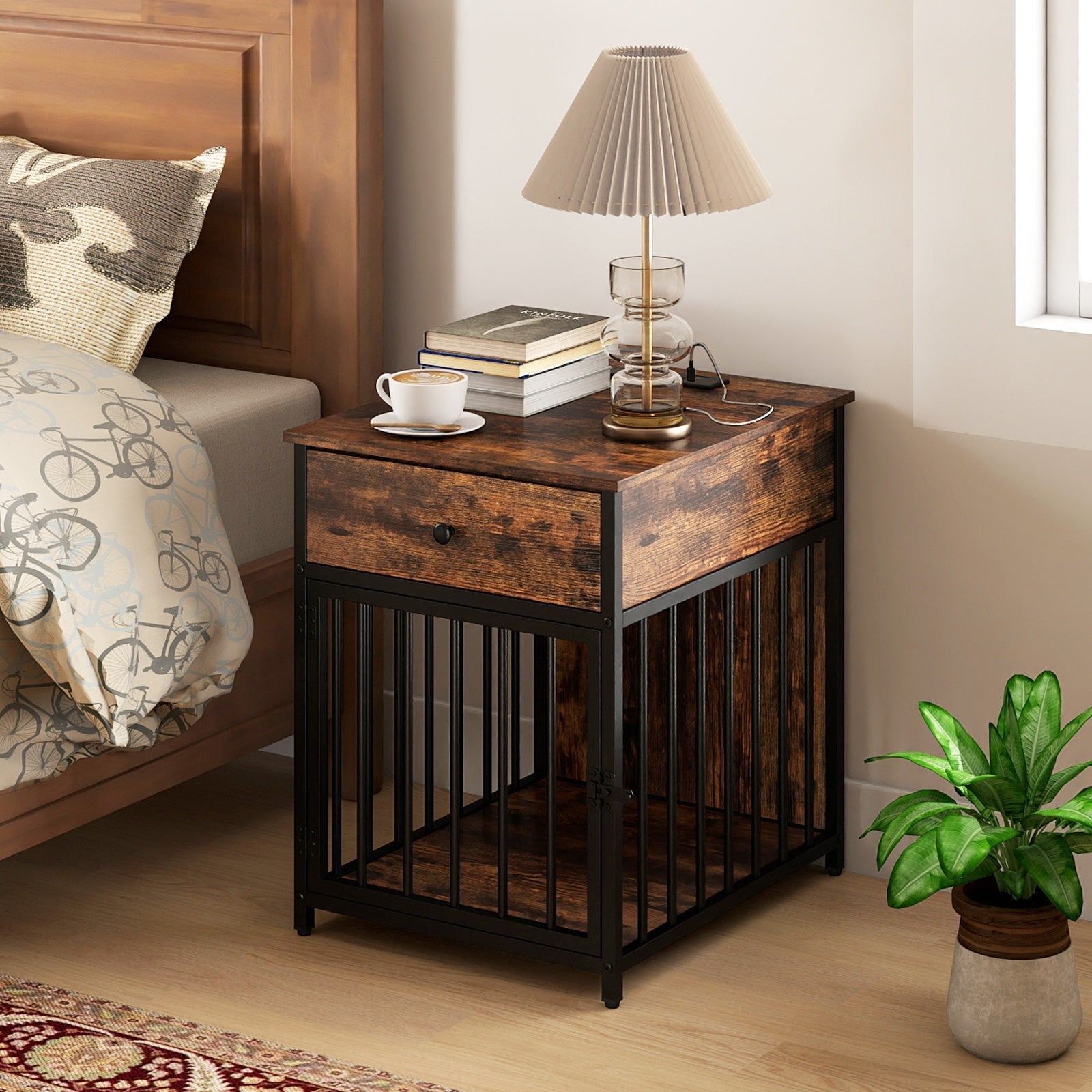 Dog Crate Furniture for Small Dogs Wooden Puppy Kennel with Charging Station-Rustic Brown