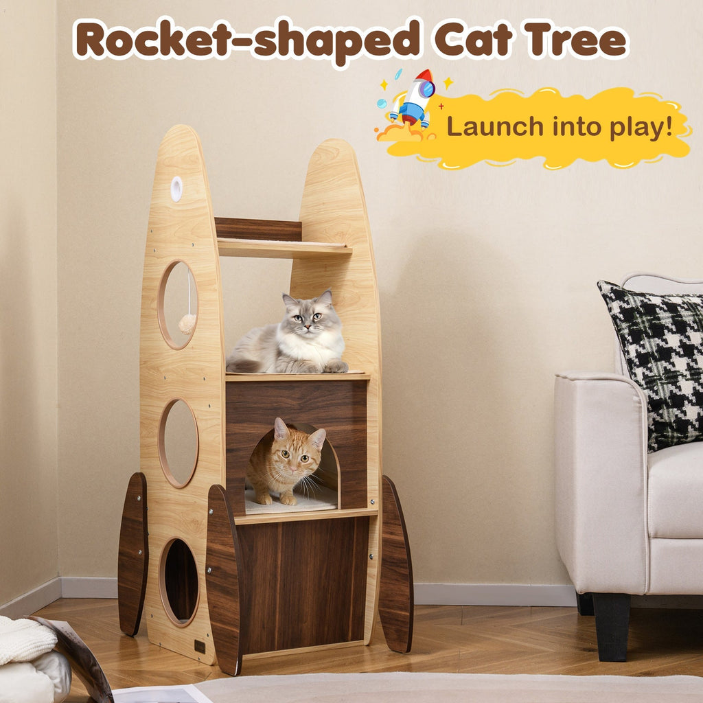 Rocket Cat Tree 47 Inch Large Wooden Cat Tower for Indoor Cats-Natural