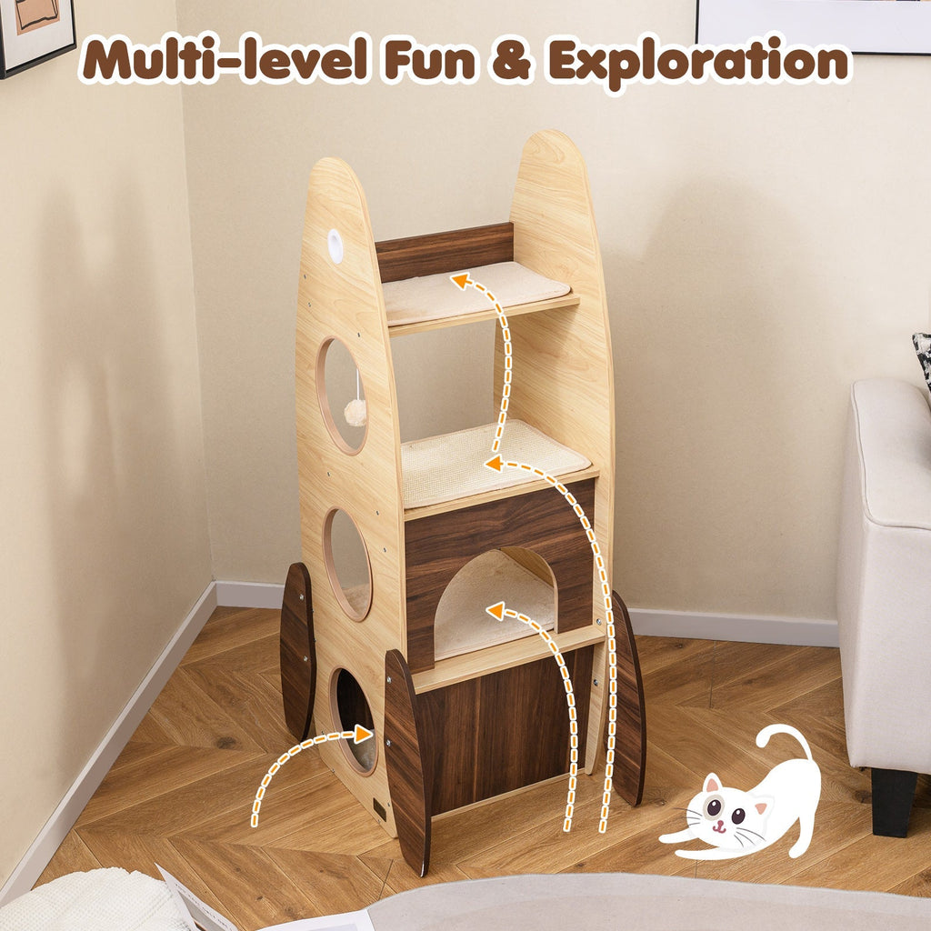 Rocket Cat Tree 47 Inch Large Wooden Cat Tower for Indoor Cats-Natural