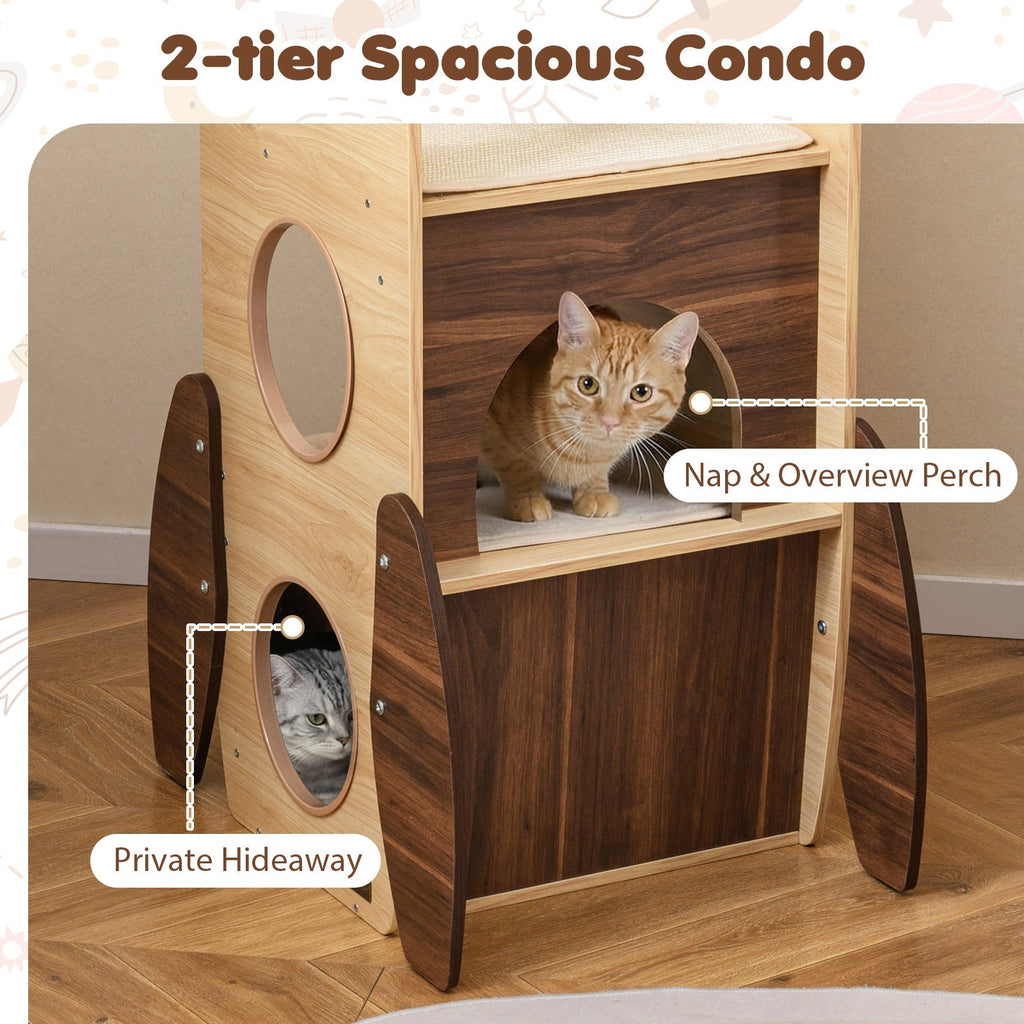 Rocket Cat Tree 47 Inch Large Wooden Cat Tower for Indoor Cats-Natural