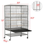 Metal 52-Inch Large Rolling Bird Cage with 3 Perches 4 Feeders