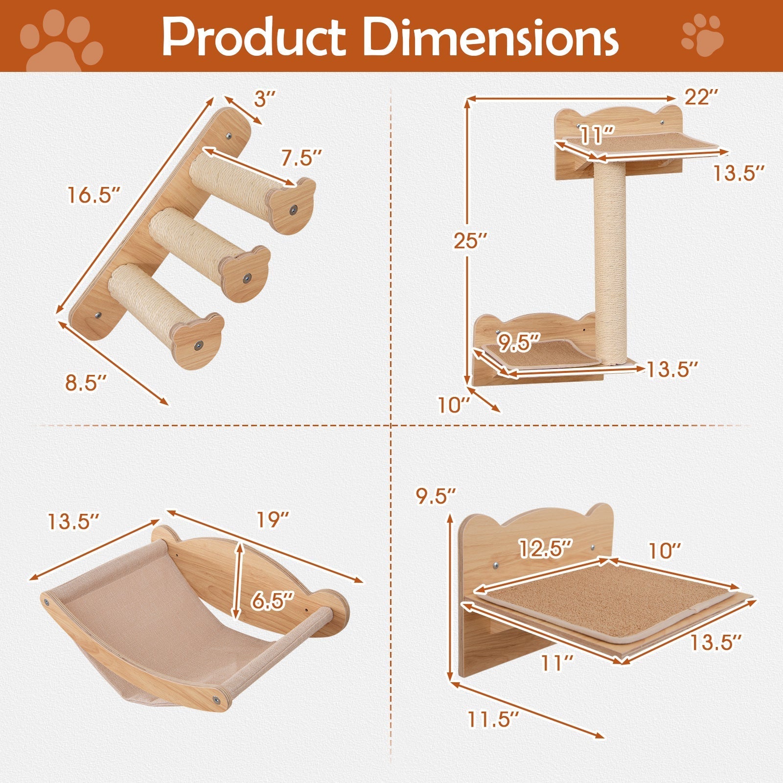 Cat Wall Furniture Set of 4 with Hammock 2-step Cat Tree and Perch-Natural