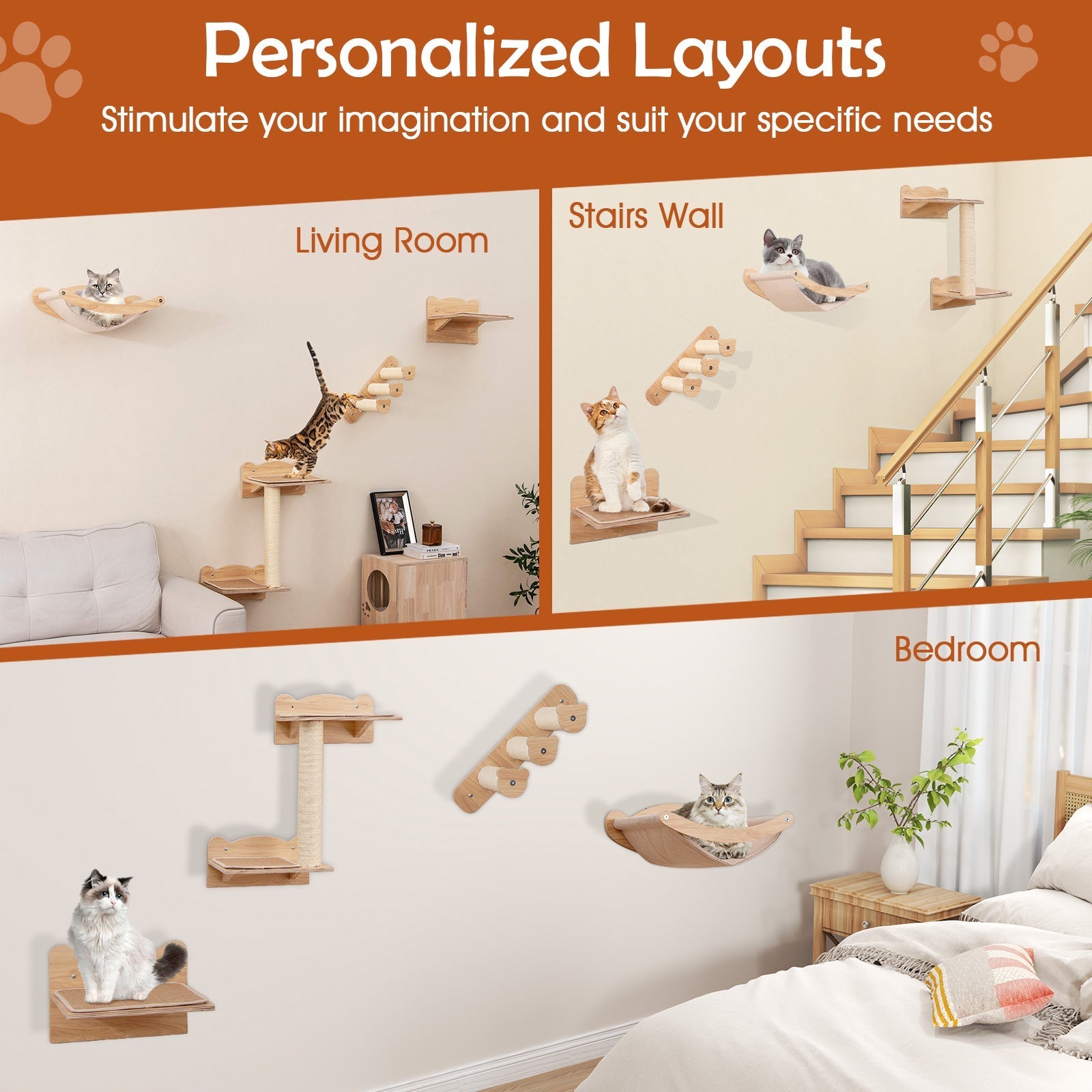 Cat Wall Furniture Set of 4 with Hammock 2-step Cat Tree and Perch-Natural