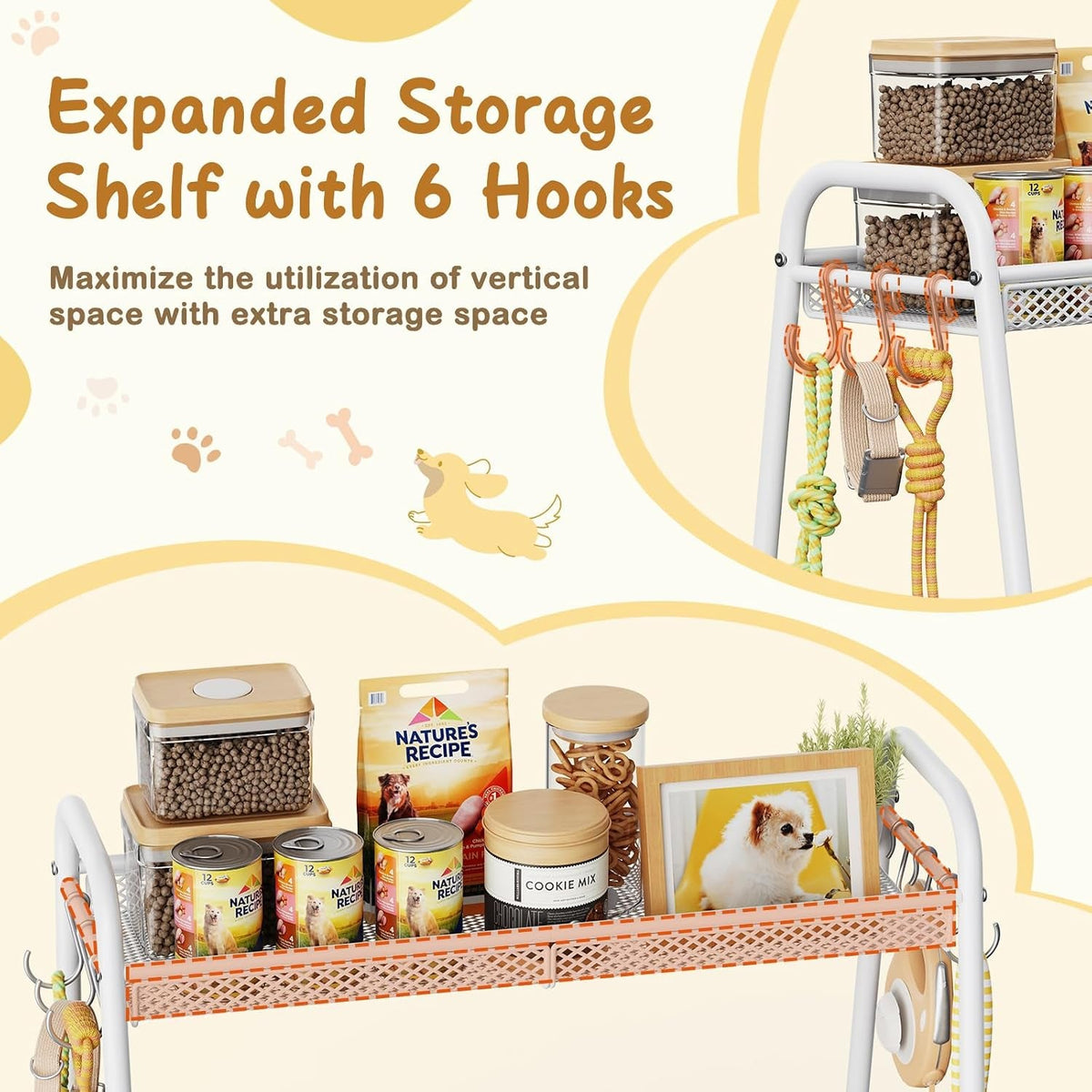 Dog Toy Storage Organizer with Shelf & 6 Hooks